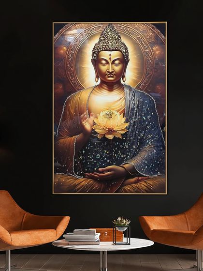Find your moment of zen with this enchanting crystal glass painting of Lord Buddha. Holding a lotus flower, this artwork radiates tranquility, with protruding crystals that add a divine sparkle to the serene depiction.