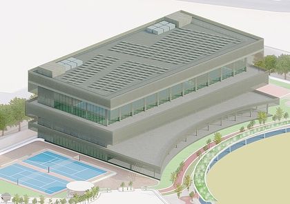 An aerial view of the Sports Block, a multi-level facility designed for movement and recovery. The building includes indoor courts, a gym, and rooftop yoga spaces.