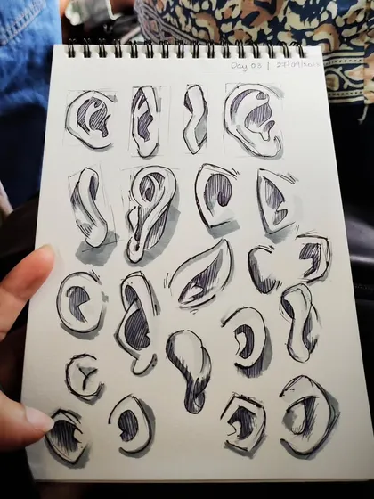 A page of ear studies. Every part of the face is unique and deserves attention to detail.