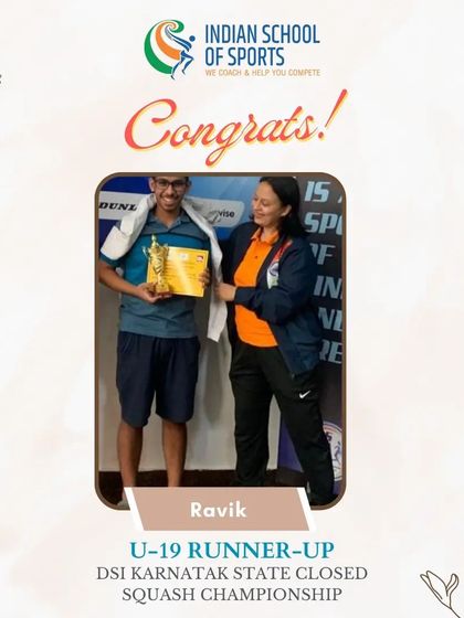 Ravik receiving his award for becoming the U-19 runner-up at the DSI Karnataka State Closed Squash Championship. His performance at a senior junior level was exceptional.