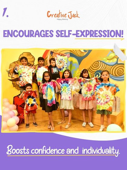 A group of kids proudly displays their colorful tie-dye shirts. My art parties encourage self-expression, boosting confidence and individuality in every child.