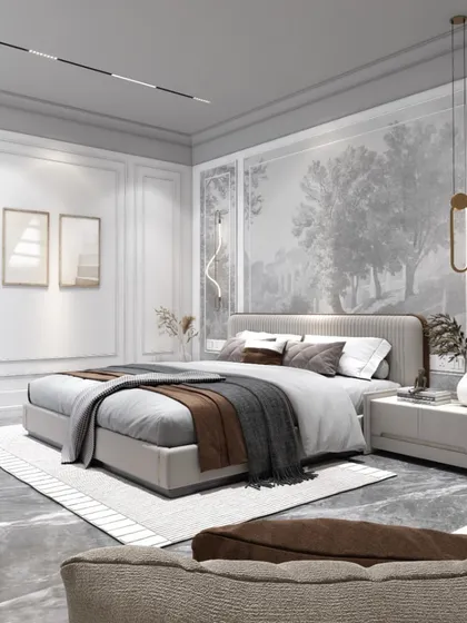 Another angle of the serene bedroom, showing the beautiful gray marble flooring and classic wall paneling. The design blends style with practicality to create a space that truly wows.