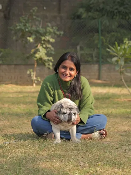 Asha sharing a moment with a senior pug. Older dogs receive special attention and gentle care tailored to their needs, ensuring they are comfortable and happy.