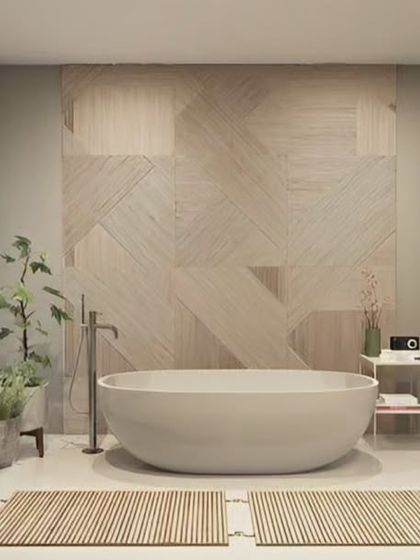 A spa-like bathroom featuring a freestanding tub and a walk-in shower. The walls are adorned with geometric wood-patterned tiles, creating a unique and tranquil atmosphere.