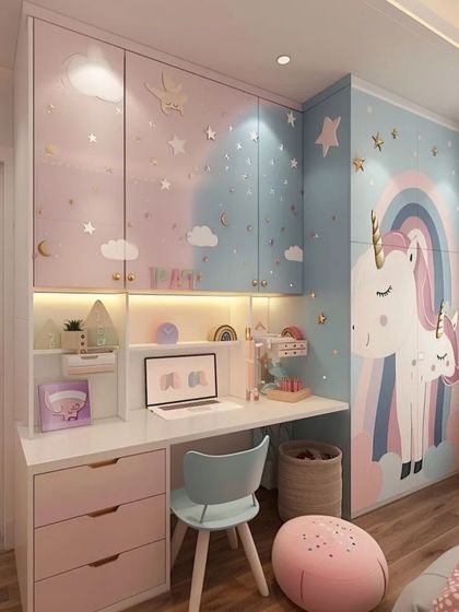 This compact kids' room features a floor-to-ceiling wardrobe and an integrated study desk. The unicorn and rainbow theme is carried across the custom-built furniture.