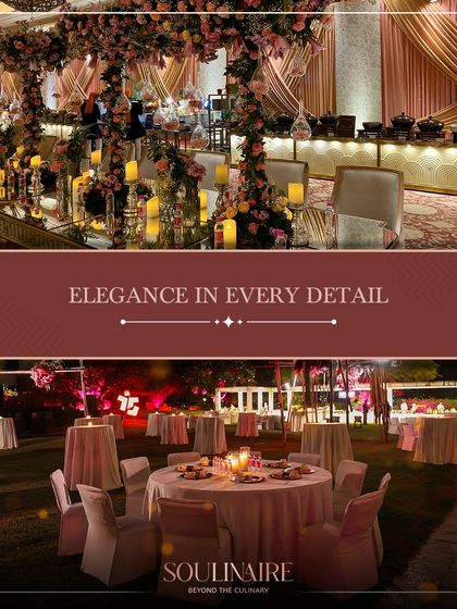 A collage displaying elegance in every detail, from a grand buffet with floral arches to an intimate outdoor candlelit dinner. We transform spaces into beautiful dining experiences.