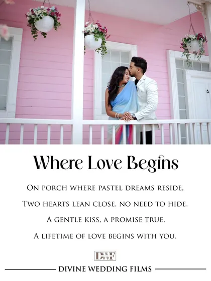 "Where Love Begins." A gentle kiss on a pastel-pink porch, this branded image captures a promise of a lifetime of love. It’s a perfect blend of romance and my signature cinematic style.