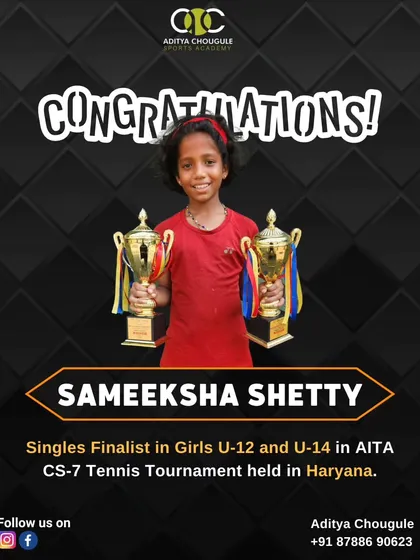 Congratulations to Sameeksha Shetty, a singles finalist in both the Girls U-12 and U-14 categories in the AITA CS-7 Tennis Tournament. A proud moment for our academy.