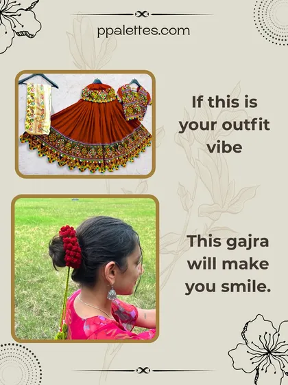 A deep red gajra styled on a hair bun, perfectly matching the tones of a traditional rust-colored lehenga for a cohesive festive look.