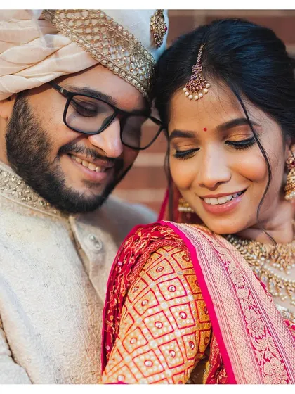 You can see the love right through. A romantic portrait from Sneha and Chintan's two-states wedding, her makeup glowing and natural.