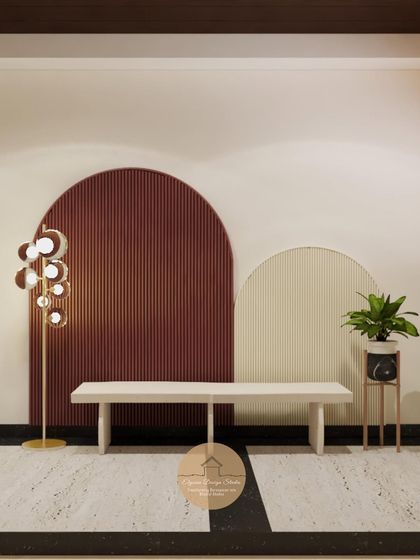 A foyer design concept with arched, fluted panels in contrasting colors, a minimalist bench, and a modern floor lamp, creating a bold and artistic statement.
