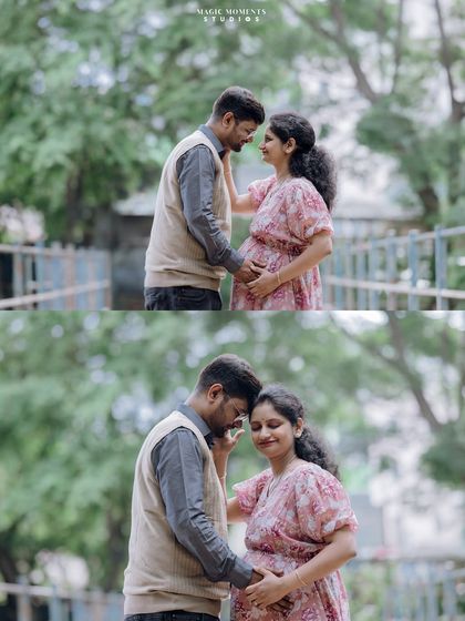 Two intimate poses on a bridge. These shots focus on the couple's connection, from a gentle touch to a loving forehead-to-forehead moment.