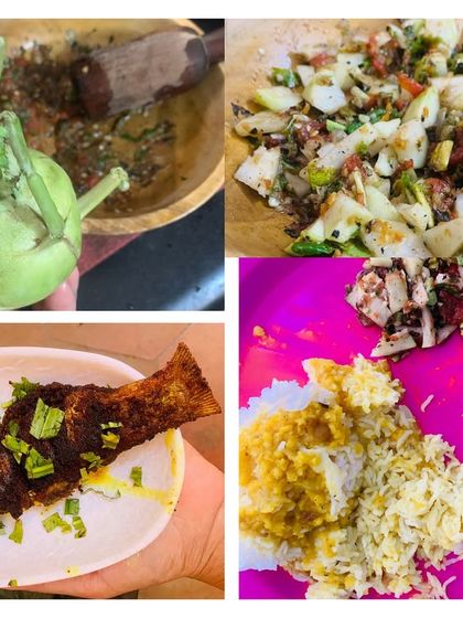 A collage showing my fish fry lunch, from the fresh kohlrabi salad to the perfectly fried fish.