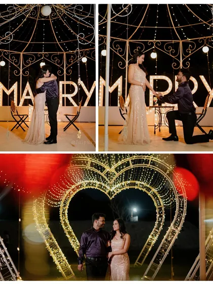 A collage of Ankit and Purva's proposal shoot, featuring a "Marry Me" light-up sign and a heart-shaped arch. These setups create a truly cinematic feel.
