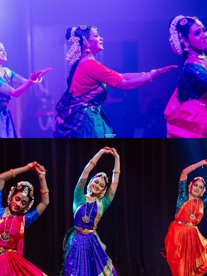 A collage capturing the expressive and graceful movements from our Margam showcase. Each frame shows a different aspect of the performance, from solo expressions to group formations.