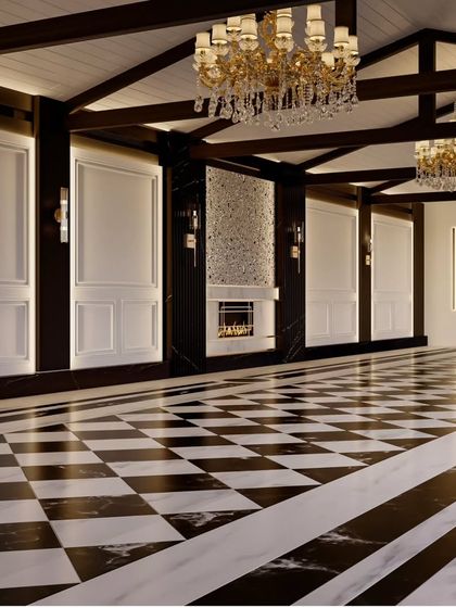 Another render of the banquet hall, this time focusing on the wall details and the fireplace feature. This view helped us refine the balance between the classic wall paneling and the more modern, textured fireplace surround.