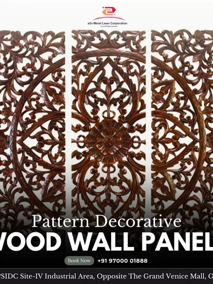 This triptych of decorative wood wall panels features an intricate, hand-carved look with a floral mandala design. The dark wood finish adds a touch of traditional elegance and warmth, perfect for creating a rich, textured accent wall.