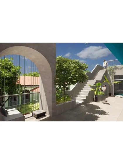 An early render for "Siolim Terraces" shows the interplay of courtyard terraces and staircases. The design for these holiday homes focuses on creating a network of interconnected outdoor spaces for relaxation and social gathering.