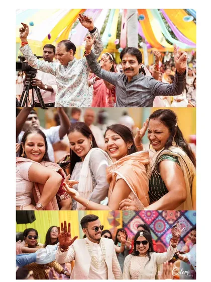A collage capturing the dancing and joy of the wedding celebrations, with parents and friends all joining in.