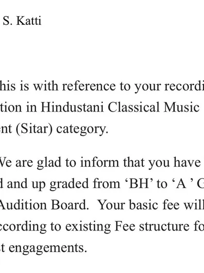 I am happy to share that I have been awarded an 'A' Grade by the All India Radio Central Audition Board. This official recognition is a milestone in my musical journey and a testament to the training I received from my own Gurus.