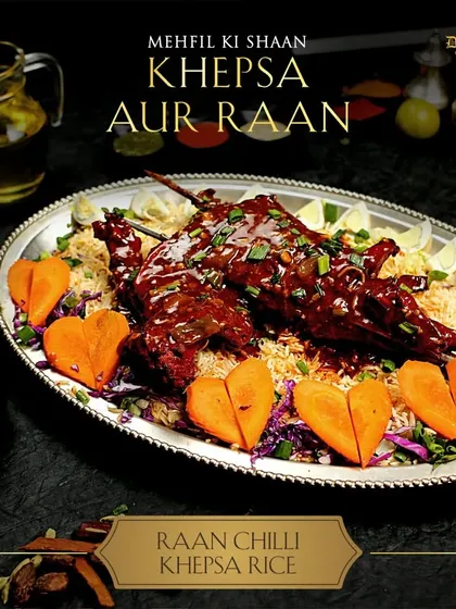 The centerpiece of any grand celebration: our Raan Chilli Khepsa Rice. A whole leg of lamb, slow-cooked and smothered in a spicy chili sauce, served atop a bed of aromatic Khepsa rice. This is a dish that truly makes a statement.