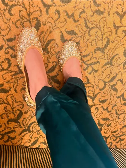 My favorite footwear on repeat this festive season. This is a close-up of the crystal-embellished juttis, showing the intricate handwork that goes into each pair. They are crafted with love to bring light to your look.