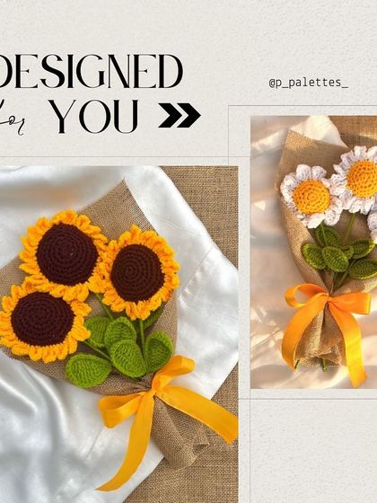 Designed for you. This image showcases our cheerful sunflower and daisy bouquets, both wrapped in rustic burlap for a charming, natural look.