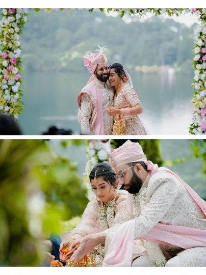 A collage of the couple during their lakeside wedding rituals.