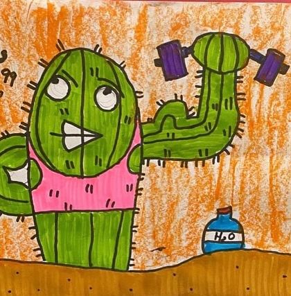 This determined cactus is really feeling the burn. Drawing expressive faces is a key skill we focus on in our cartooning classes.