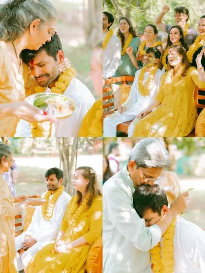 A collage capturing the emotional spectrum of a Haldi ceremony. From a mother's tearful blessing to the joyous laughter of family, these moments tell the story of two families becoming one.