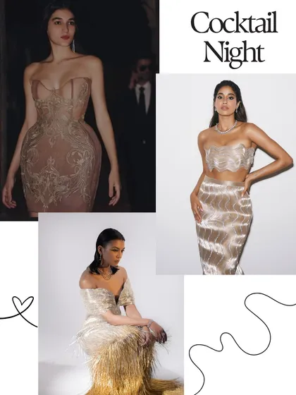 For the cocktail night, think sleek and glamorous. This mood board features corset-style gowns and shimmering metallic dresses that are perfect for an evening of celebration.