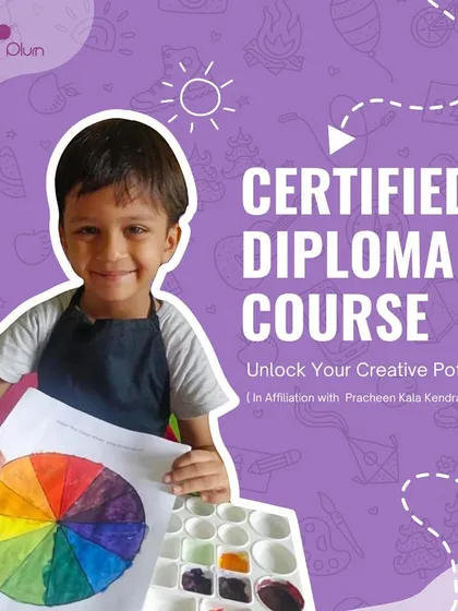 I offer a Certified Diploma Course in affiliation with Pracheen Kala Kendra for students serious about building a strong artistic foundation. This structured program, pictured here with a young student learning the color wheel, is a fantastic addition to any art portfolio.