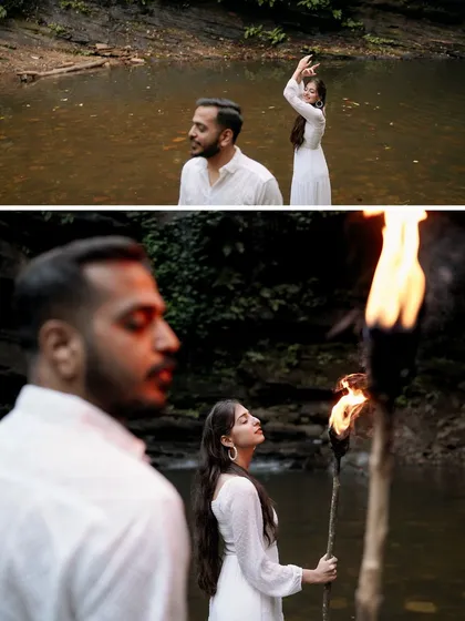 A diptych showing two cinematic moments from a shoot by the water. One shot is a wide, peaceful frame, while the other uses a torch to create a dramatic, fiery mood.