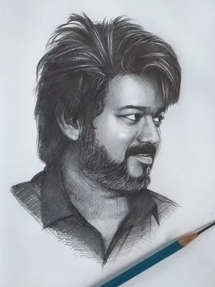 A sketch of actor Vijay Thalapathy, focusing on capturing his likeness with a more traditional, cross-hatched shading style.