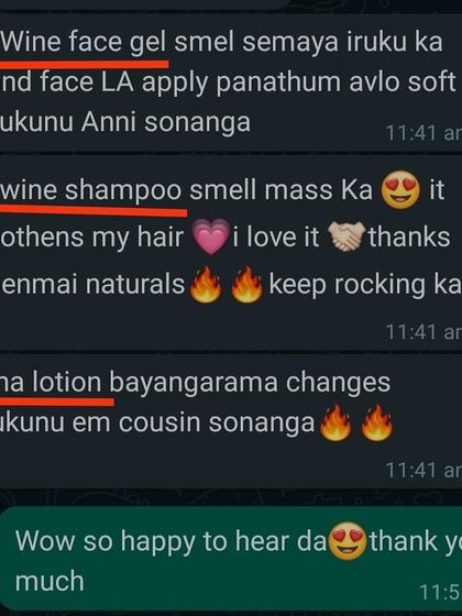 I love getting such enthusiastic feedback. This customer shared how her family is enjoying the Red Wine Face Gel, Red Wine Shampoo, and Henna Body Lotion, noticing softer skin and smoother hair.