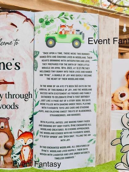 A unique storybook-style welcome board for Ryne's "First party through the woods." It shares a sweet narrative about the birthday boy, adding a deeply personal touch to the decor.