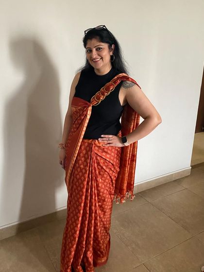 Another angle of my modern saree style. This look proves that you can honor tradition while expressing your unique personality. It's all about creative and confident styling.