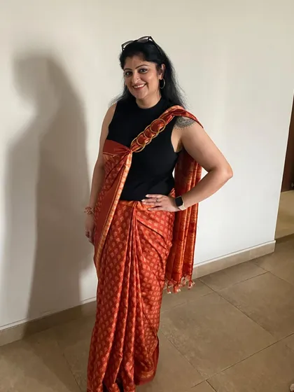 Another angle of my modern saree style. This look proves that you can honor tradition while expressing your unique personality. It's all about creative and confident styling.