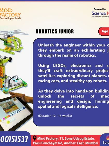 In my "Robotics Junior" program for ages 8-10, we use LEGOs, electronics, and sensors to build extraordinary projects. Kids craft everything from racing cars to spy robots, unlocking the secrets of mechanics and engineering.