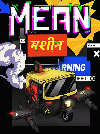 A poster concept for my 'Krypt Mobile' design, featuring a futuristic, weaponized auto-rickshaw. This piece blends my character design and lettering skills, mixing English and Devnagri script for a full-on 'masala flow' style.