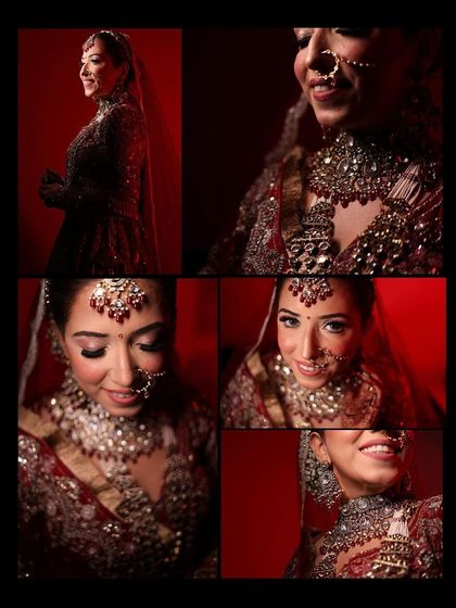 A collage showcasing various angles of a stunning bridal look. These shots highlight the detailed eye makeup, the flawless skin, and the overall regal feel of the red lehenga.