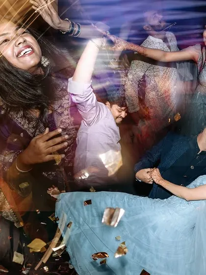 A dynamic collage from the Sangeet after-party. The mix of a romantic dip, laughing guests, and confetti creates a perfect summary of a fun-filled night.