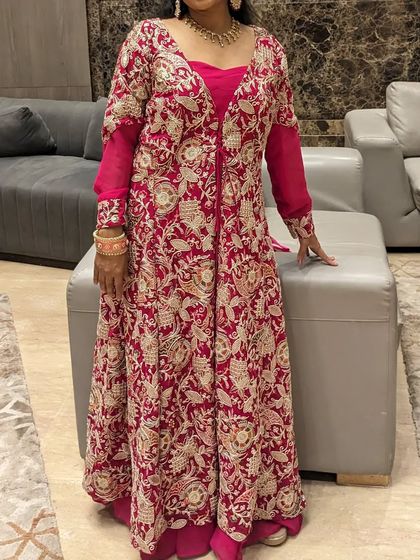This two-in-one jacket gown is perfect for a destination wedding. You can wear the heavy embroidered jacket for the main function and remove it for a simpler look later.