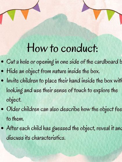 An infographic explaining our "Mystery Box" activity. Children use their sense of touch to identify hidden objects from nature, developing tactile discrimination and curiosity.