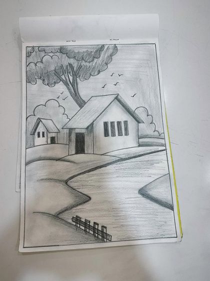 A lovely, simple landscape sketch by a student, showing great progress in composition.