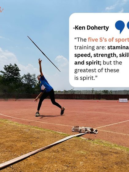 An athlete demonstrates proper javelin throwing form. Our coaching covers the five 'S's' of sports: stamina, speed, strength, skill, and spirit.