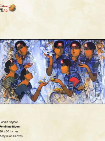 'Feminine Bloom' by Sachin Sagare, where a group of women engage in a floral offering, their serene expressions and gentle gestures evoking a sense of shared spirituality.