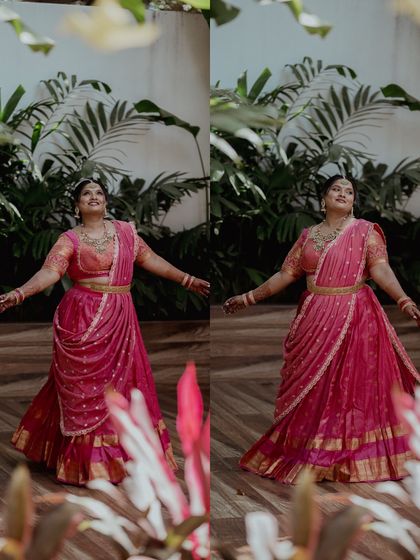 A collage of a bride in a vibrant pink lehenga, twirling and posing joyfully on her betrothal day.