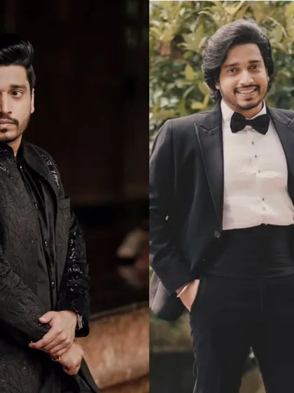 A side-by-side comparison of the groom's wedding and reception looks. One in a traditional sherwani and the other in a classic tuxedo.