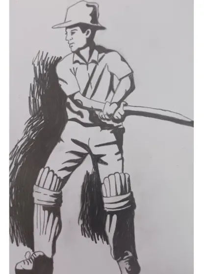 This high-contrast pencil shading of a cricketer was done by my 10-year-old student, Vedavarshini. It's a fantastic example of how we learn to see and draw shapes of light and shadow, not just lines.